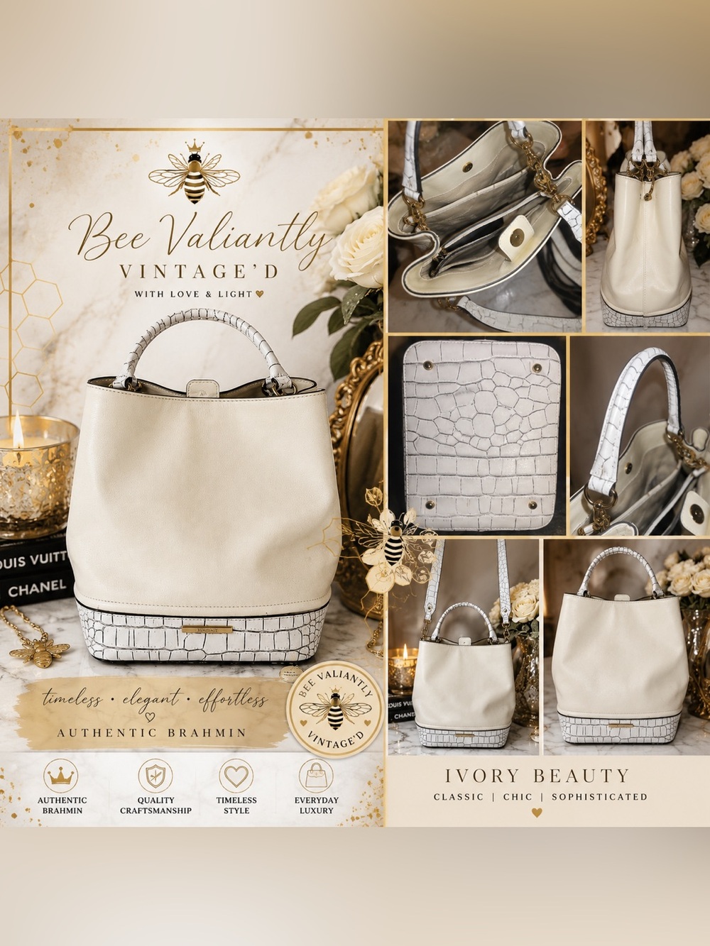 Brahmin Ivory Croc Embossed Leather Bucket Tote Shoulder Bag